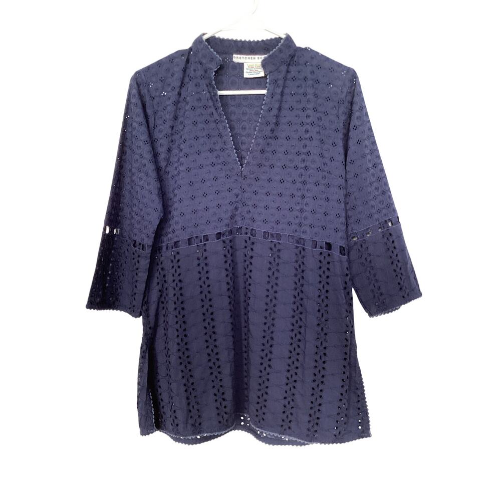 Gretchen Scott Navy Blue Cotton Eyelet Tunic Top‎ Women's Size M